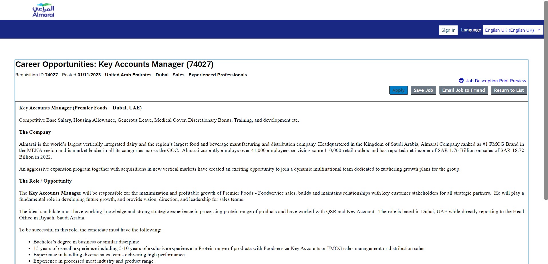 Almarai Key Accounts Manager Jobs Advertisement 2023 in UAE